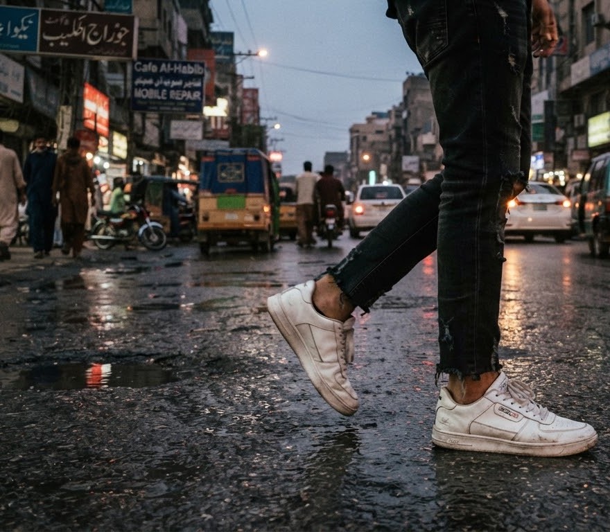 White sneakers crossing a wet Karachi street at dusk