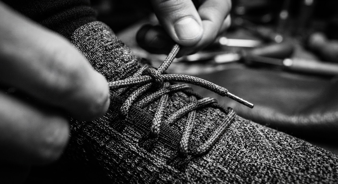Close-up of a knit sneaker upper being laced by hand